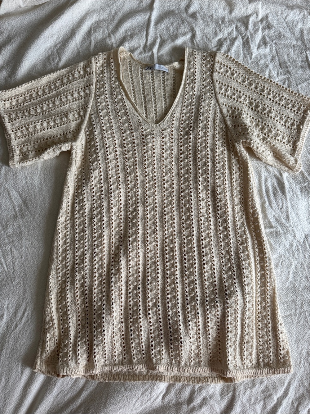 Women’s Cream Crochet Knit V‑Neck mini dress